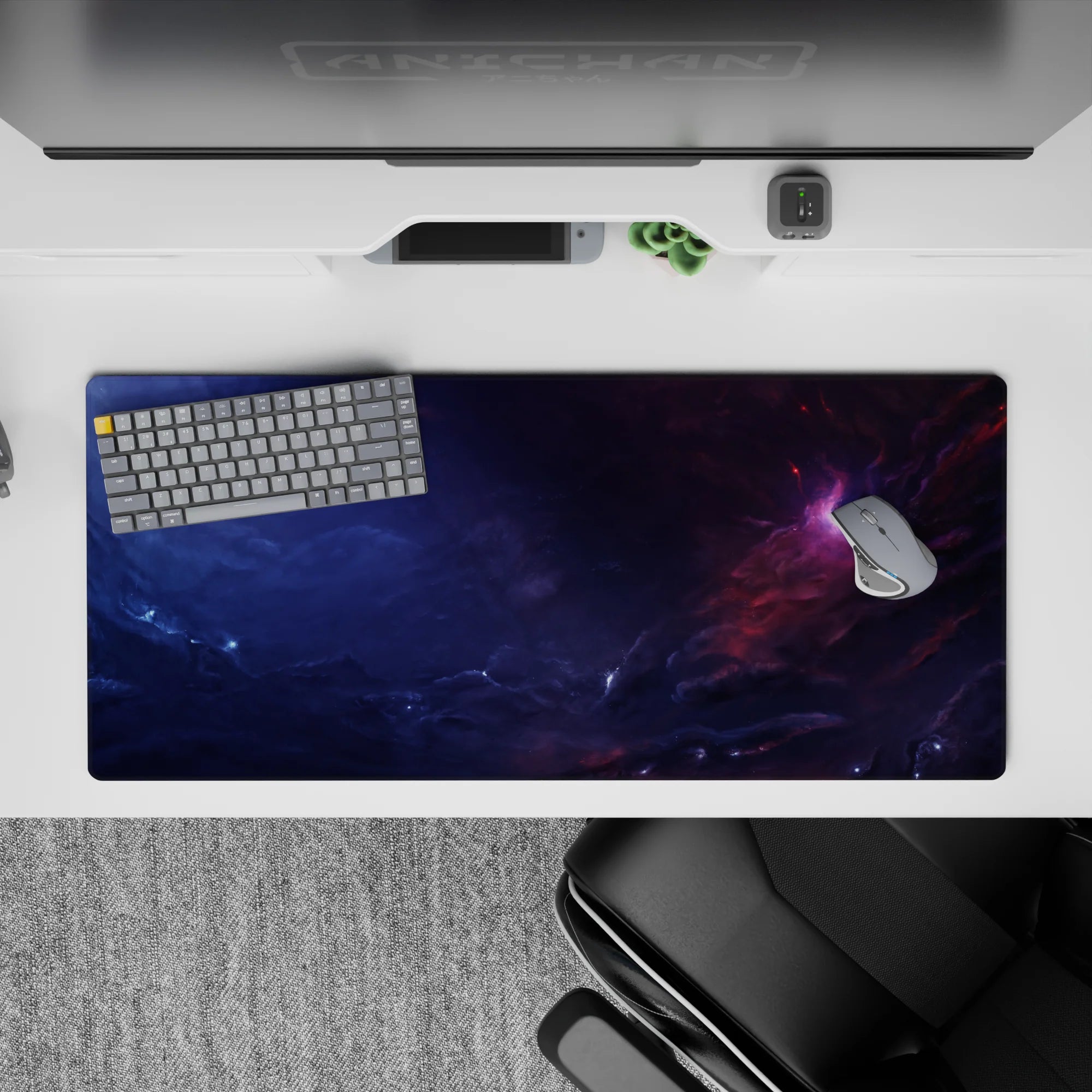 Moody navy and smoky purple desk pad 36x16 inches with soft pink nebula for cozy late nights.