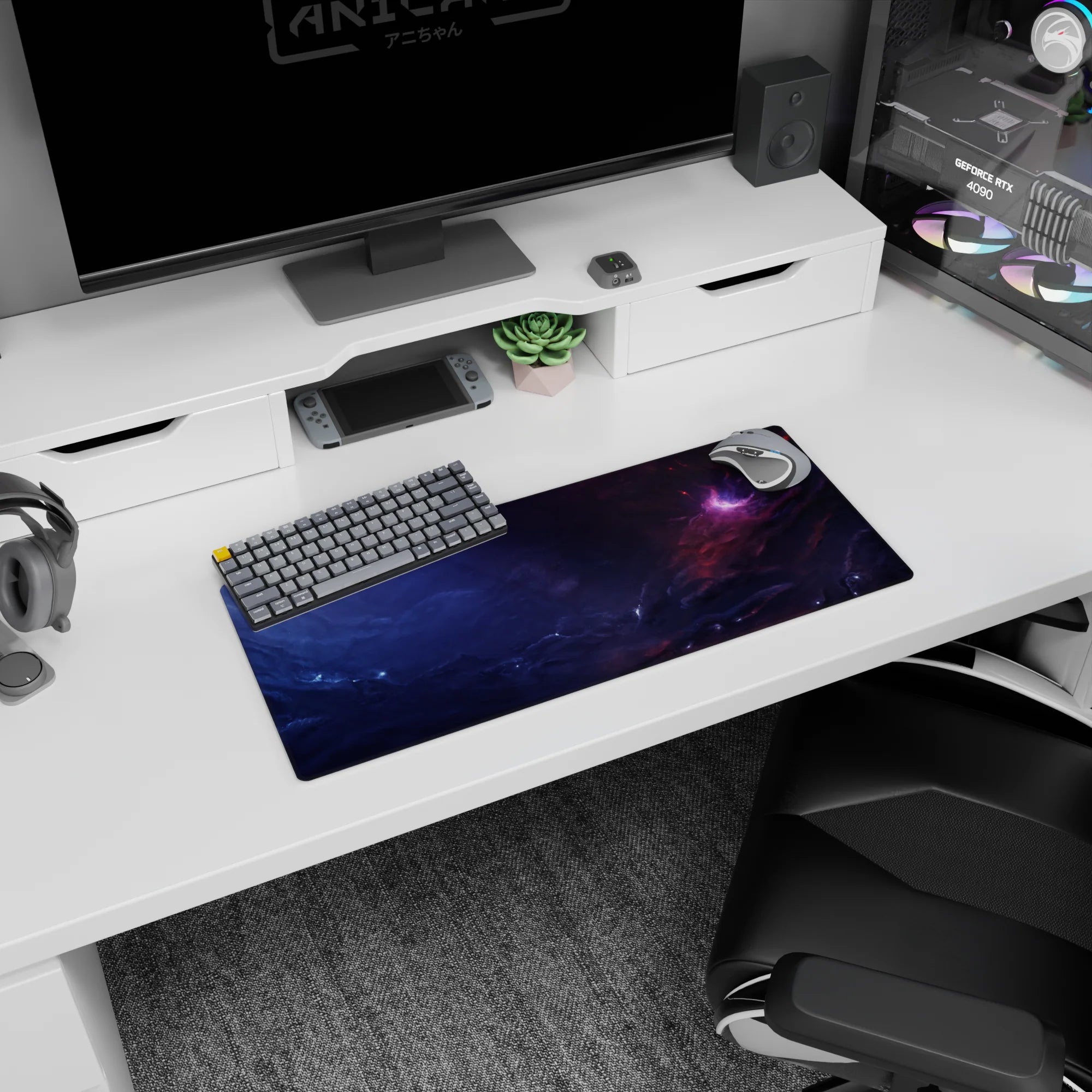 Sleepy galaxy scene mouse pad 28x12 inches featuring a pink nebula tucked in a stormy cloud corner.