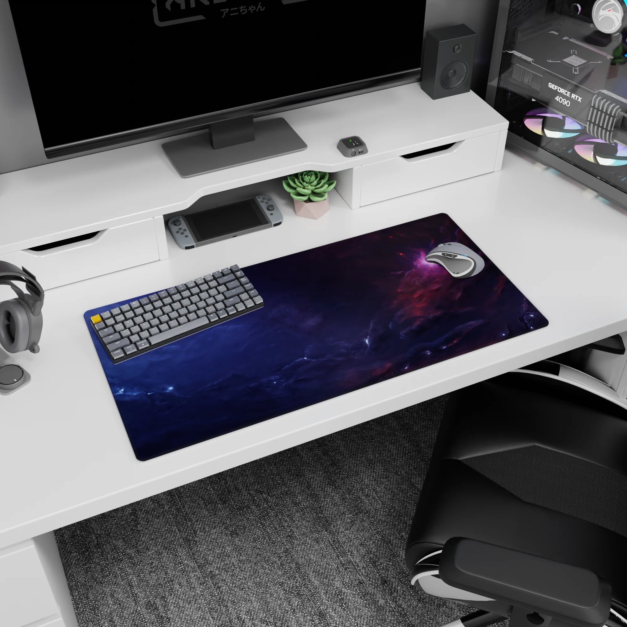 Sleepy galaxy scene mouse pad 32x16 inches featuring stormy space clouds and a hidden pink nebula.