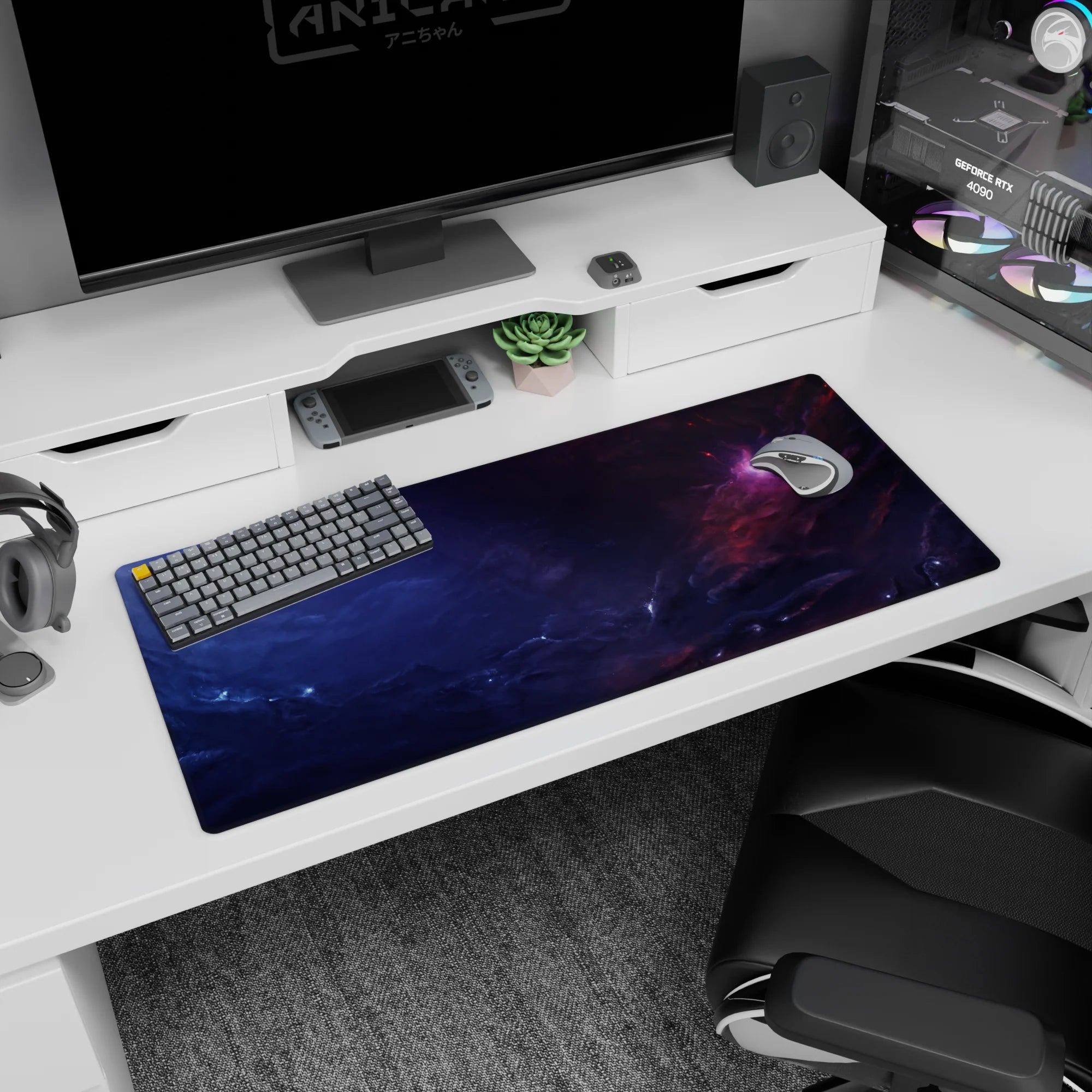 Sleepy galaxy scene desk pad 36x16 inches featuring a pink nebula tucked into deep space clouds.