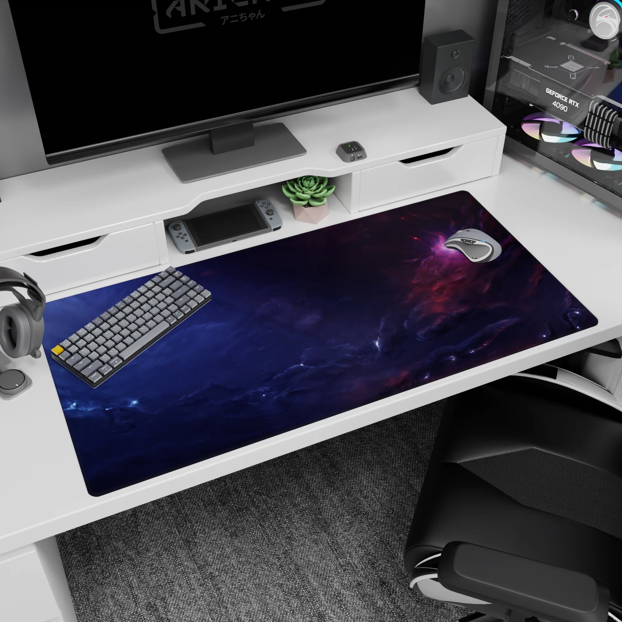 Sleepy galaxy scene desk pad 40x20 inches featuring swirling stormy clouds and a hidden pink nebula corner.