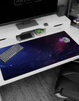 Sleepy galaxy scene desk pad 40x20 inches featuring swirling stormy clouds and a hidden pink nebula corner.