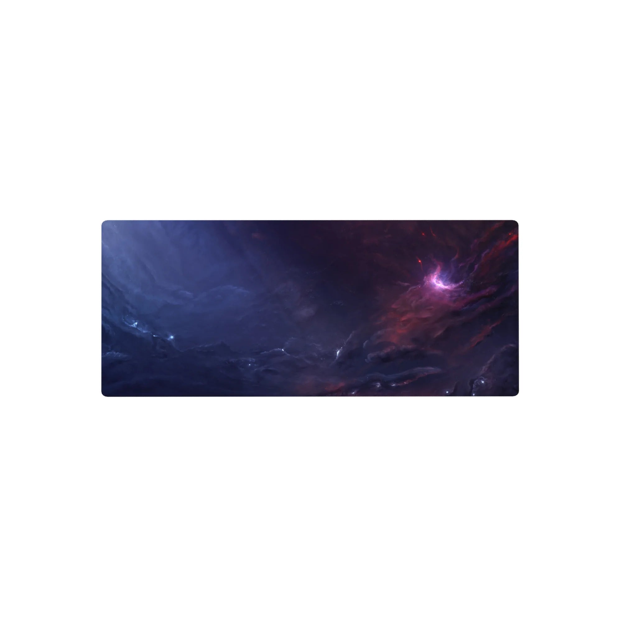 Galaxy swirl desk mouse pad 28x12 inches with hand-painted clouds and nebula glow design.