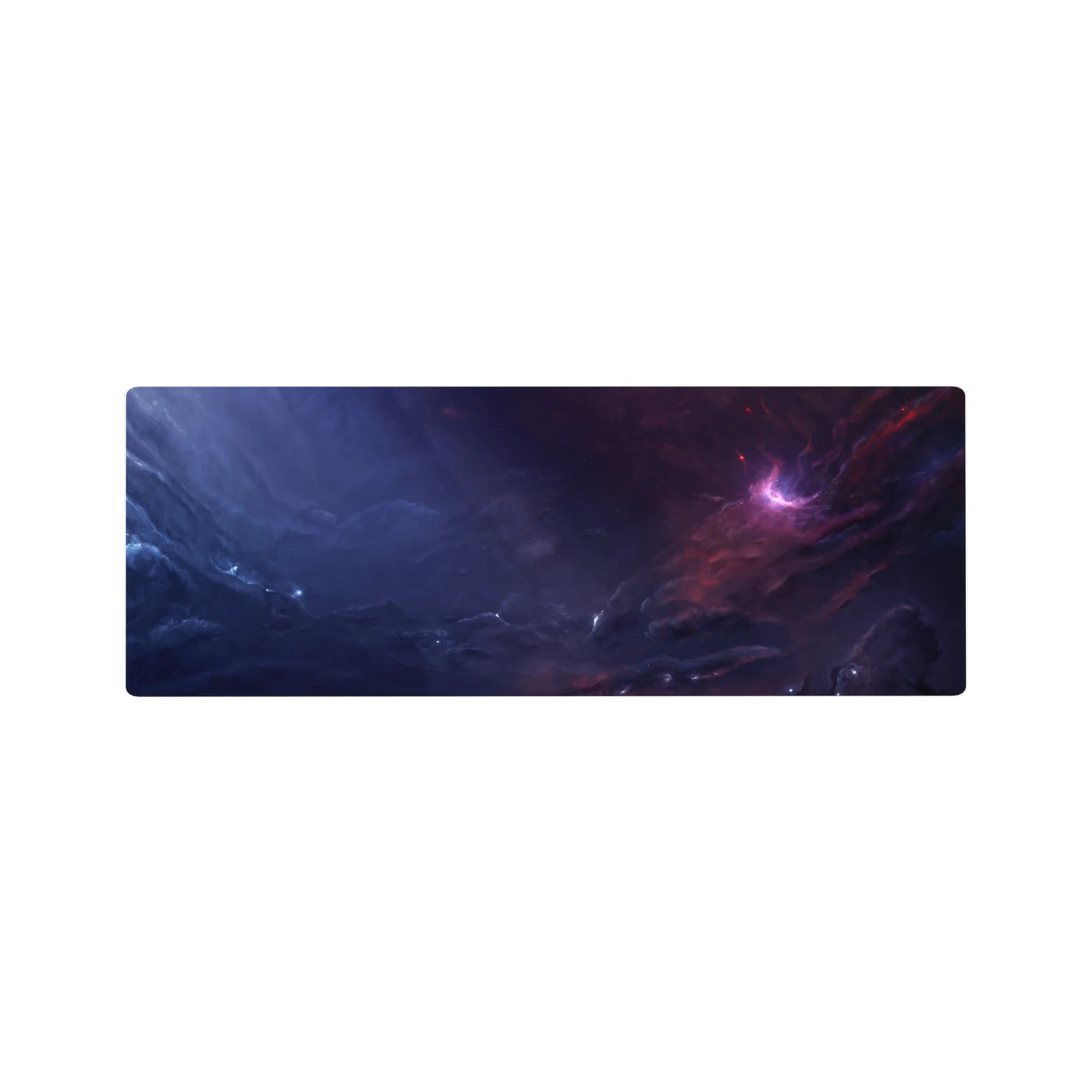 Galaxy swirl desk mouse pad 32x12 inches with hand-painted stormy clouds and nebula glow.