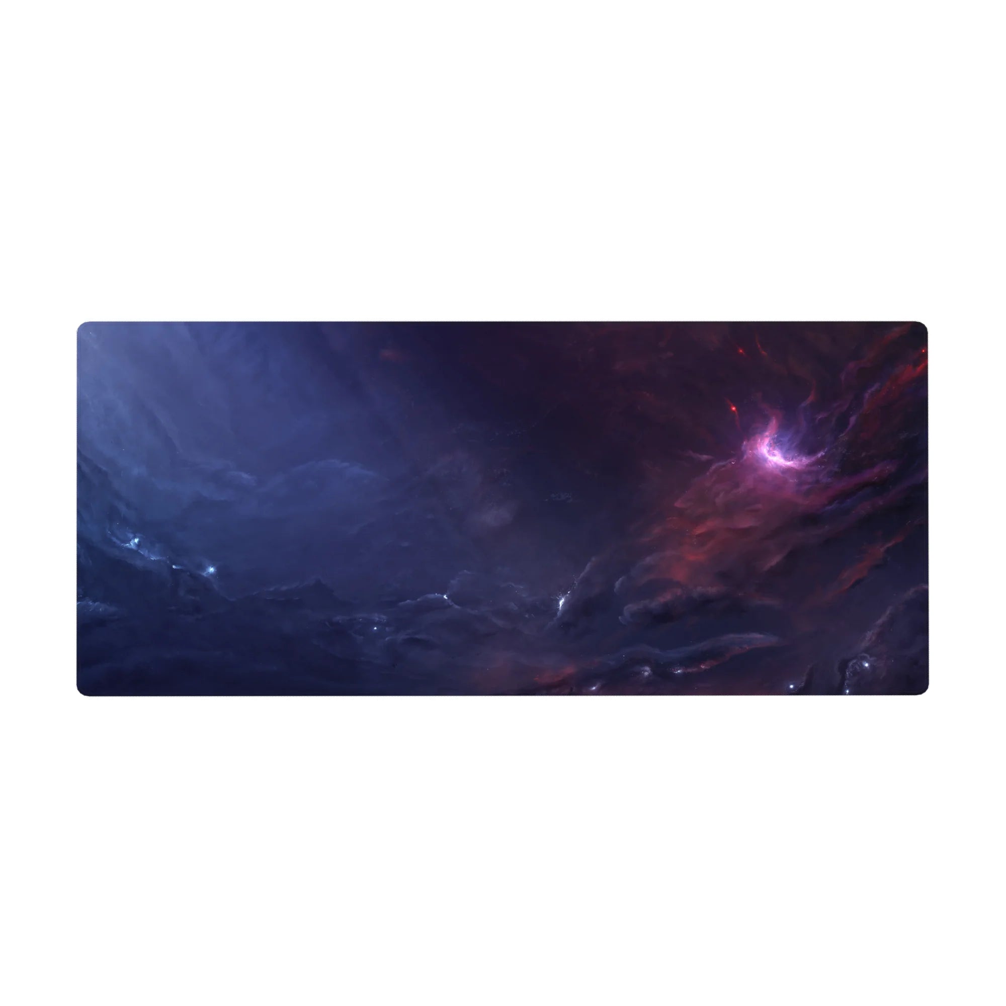 Galaxy swirl desk pad 36x16 inches with hand-painted stormy clouds and nebula glow design.