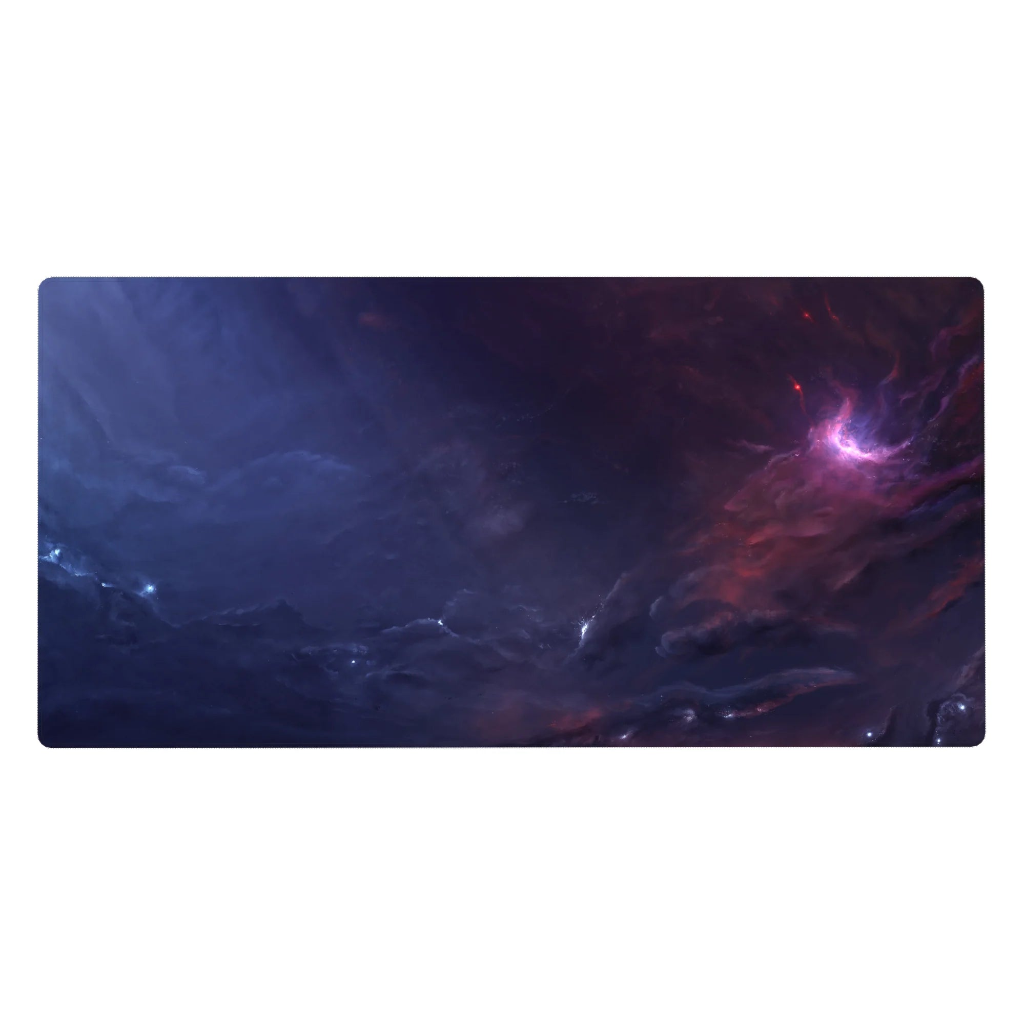 Galaxy swirl desk pad 40x20 inches with hand-painted nebula clouds in navy, purple, and pink glow.