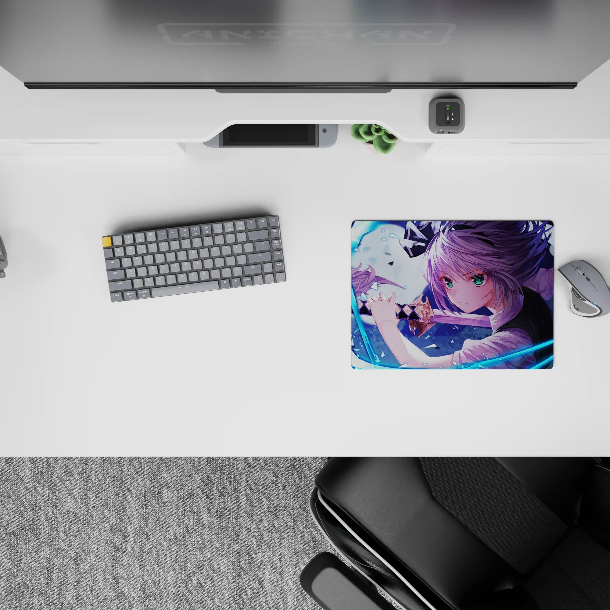 Cool blue and violet anime girl mouse pad 14x10 inches, bright green eyes, high-energy battle vibe.