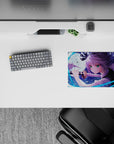 Cool blue and violet anime girl mouse pad 14x10 inches, bright green eyes, high-energy battle vibe.