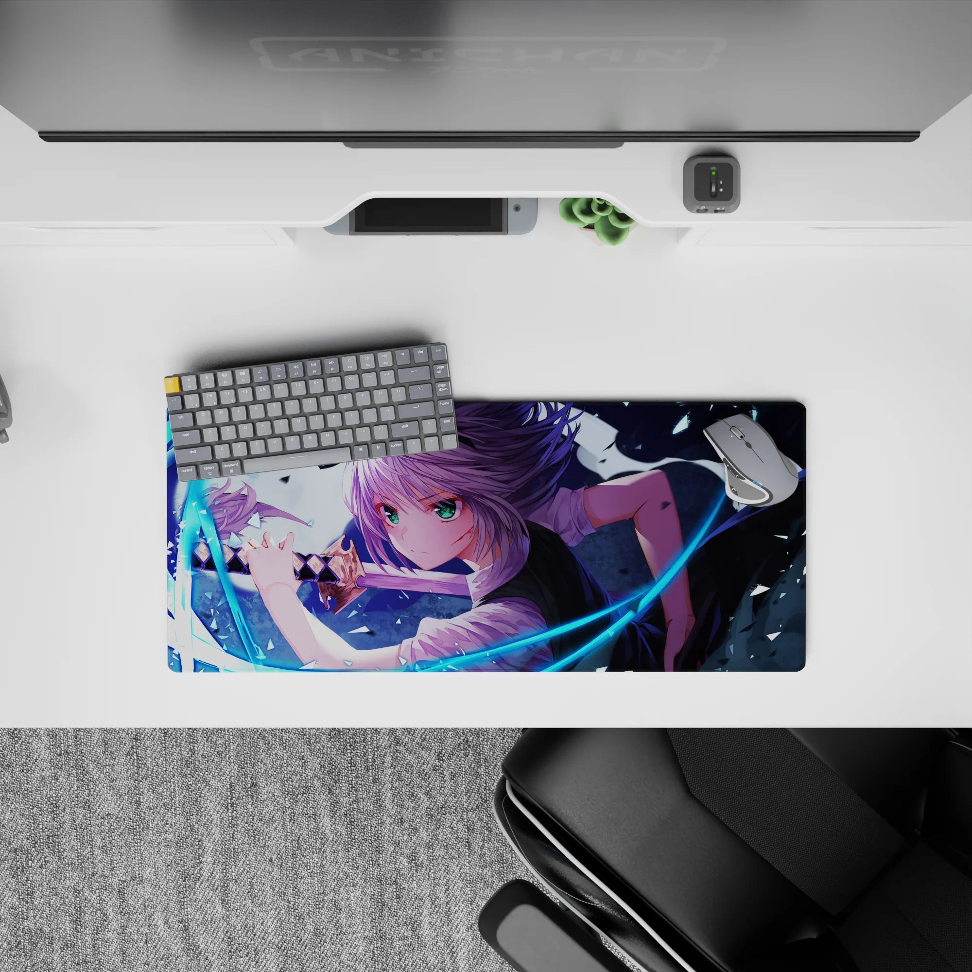 28x12 inches anime girl mouse pad in cool blues and violet tones, bright green eyes, intense action mood.