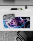 28x12 inches anime girl mouse pad in cool blues and violet tones, bright green eyes, intense action mood.