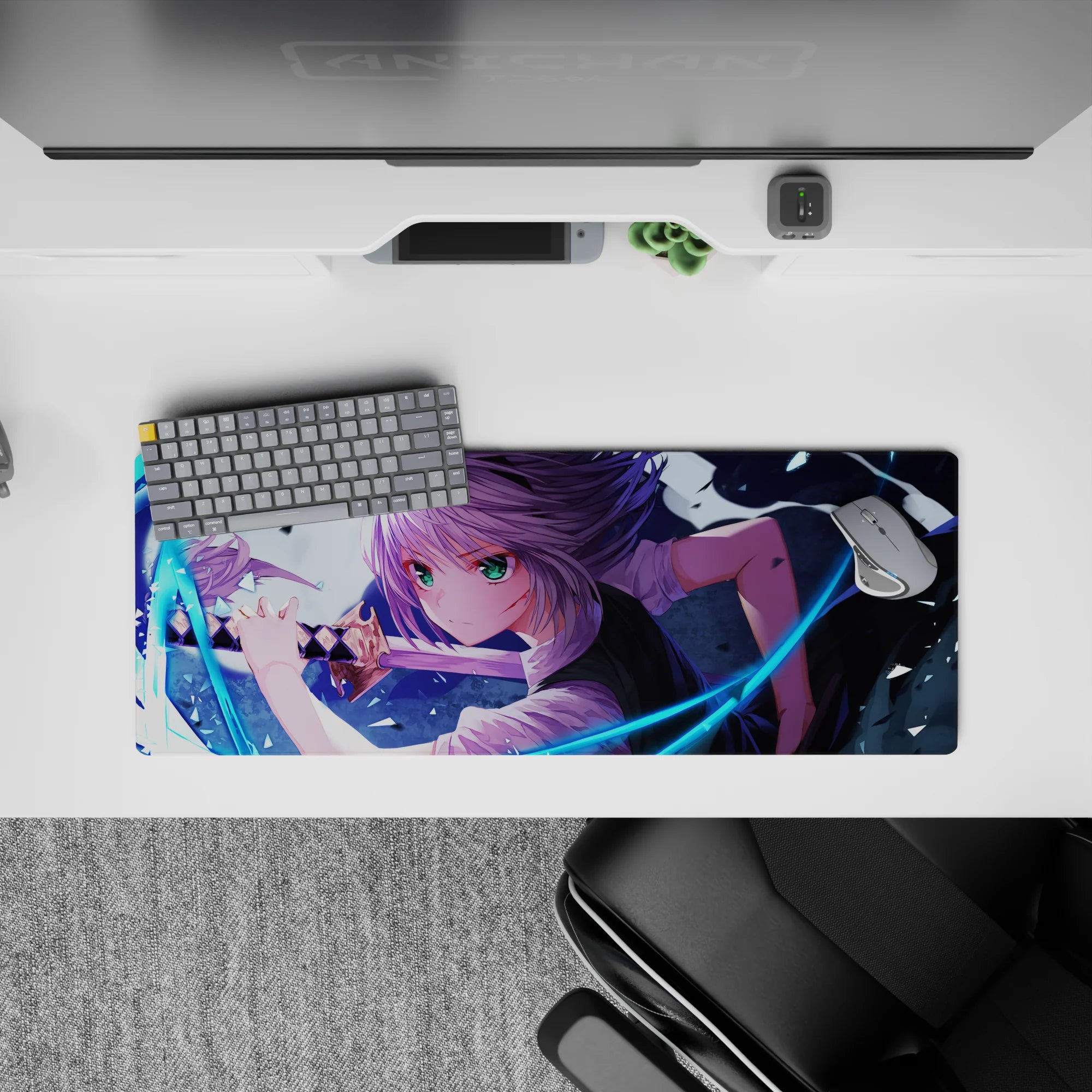 32x12 inches anime girl mouse pad in cool blues and violet hair tones, electric action mood, sharp highlights.
