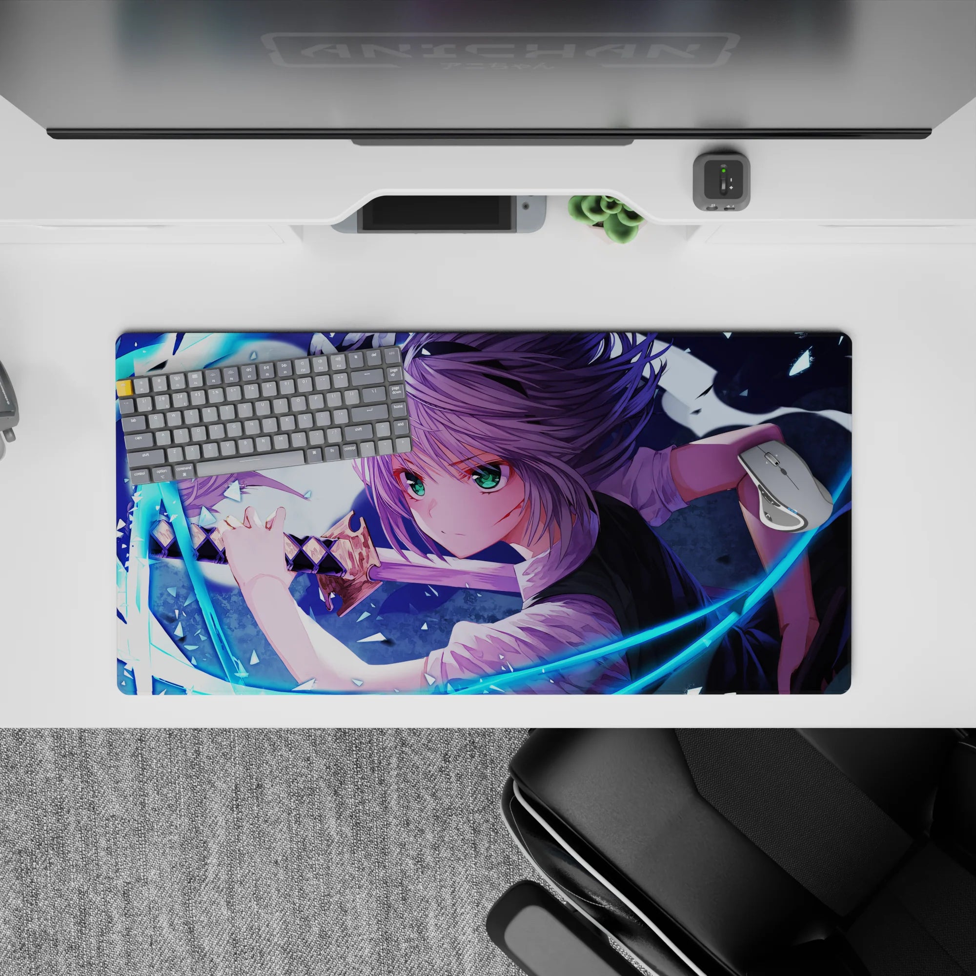 32x16 inches anime girl mouse pad in cool blues and violet tones, bright green eyes, high-contrast action mood.