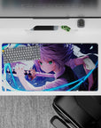 32x16 inches anime girl mouse pad in cool blues and violet tones, bright green eyes, high-contrast action mood.