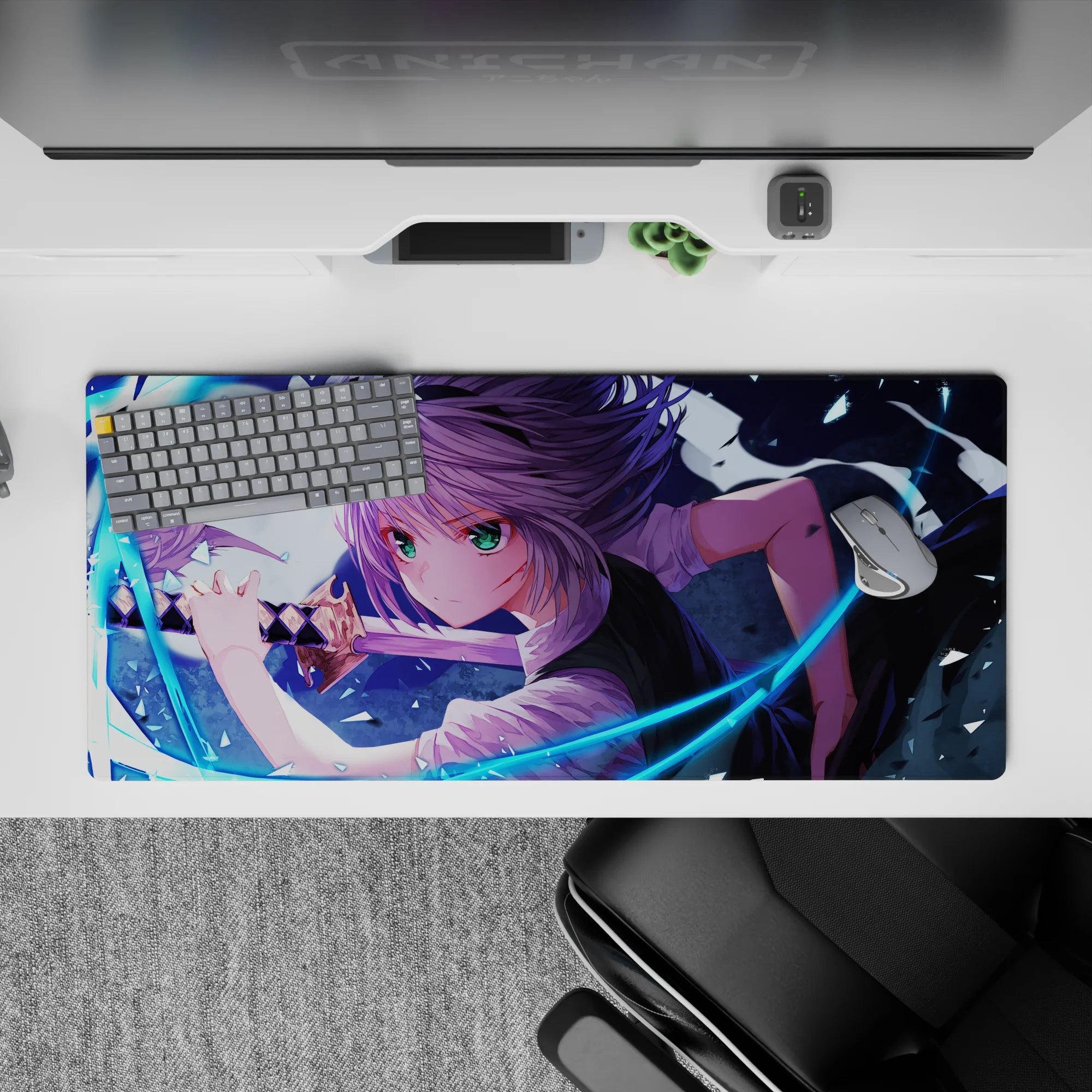 36x16 inches anime desk pad in cool blues and violet tones, electric battle vibe with sharp glowing highlights.