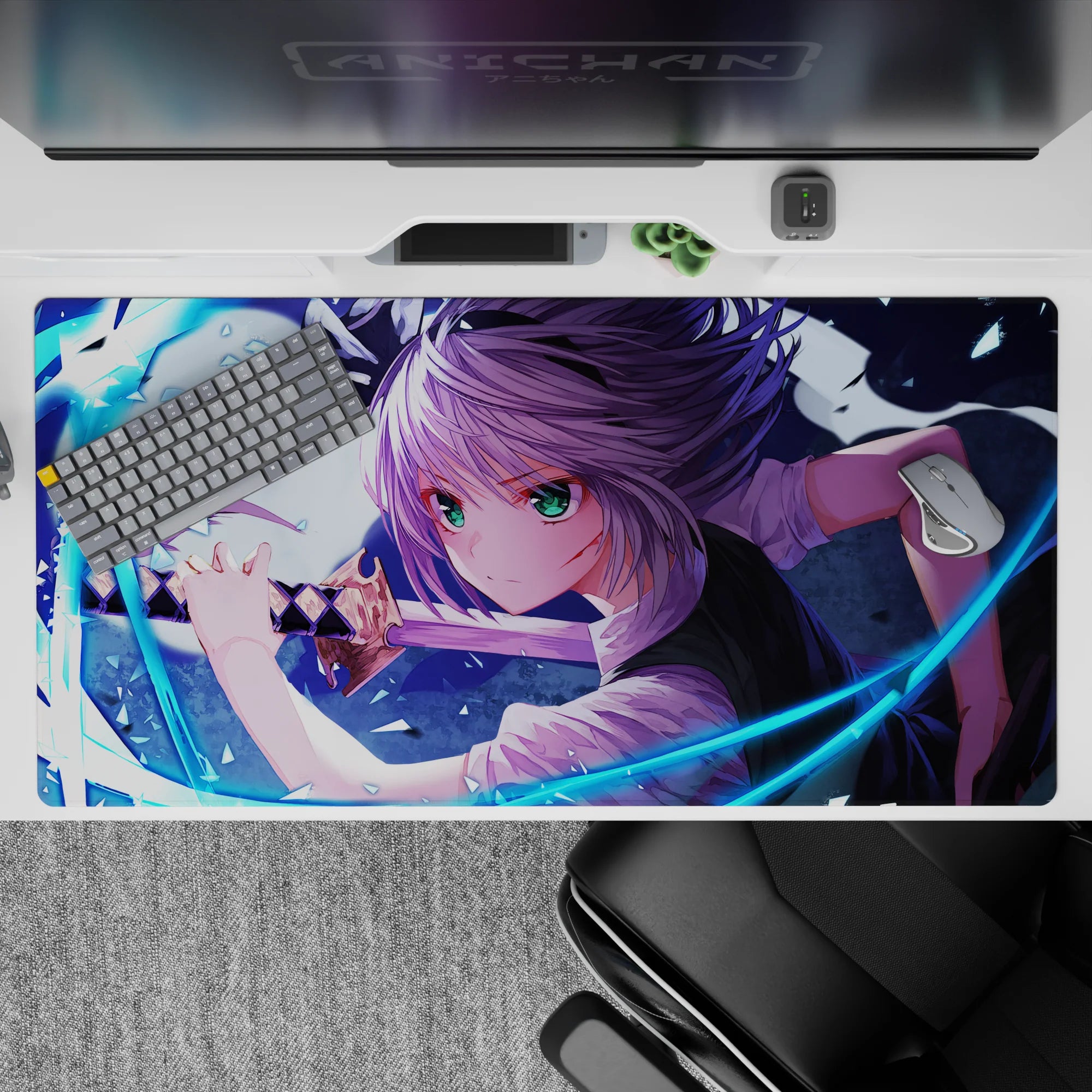 Action anime desk pad 40x20 inches in cool blues and violet tones with sharp highlights and energy.
