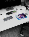 Silver-haired heroine with green eyes, blade drawn amid blue energy and flying shards on 14x10 inches mouse pad.
