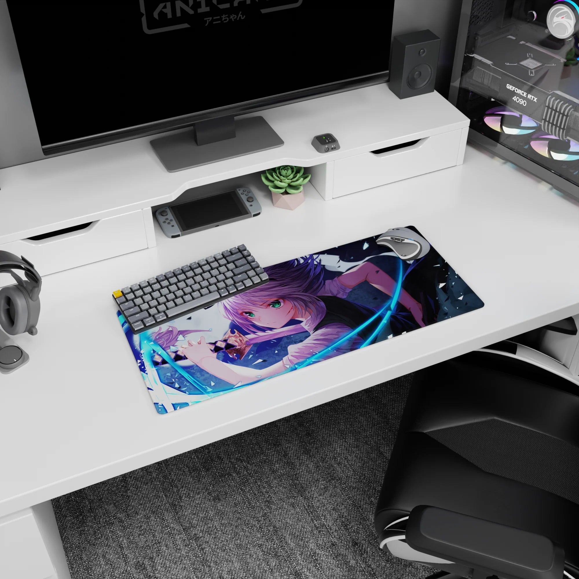 28x12 inches anime girl mouse pad showing a green-eyed heroine drawing her blade amid electric blue energy.