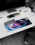 28x12 inches anime girl mouse pad showing a green-eyed heroine drawing her blade amid electric blue energy.