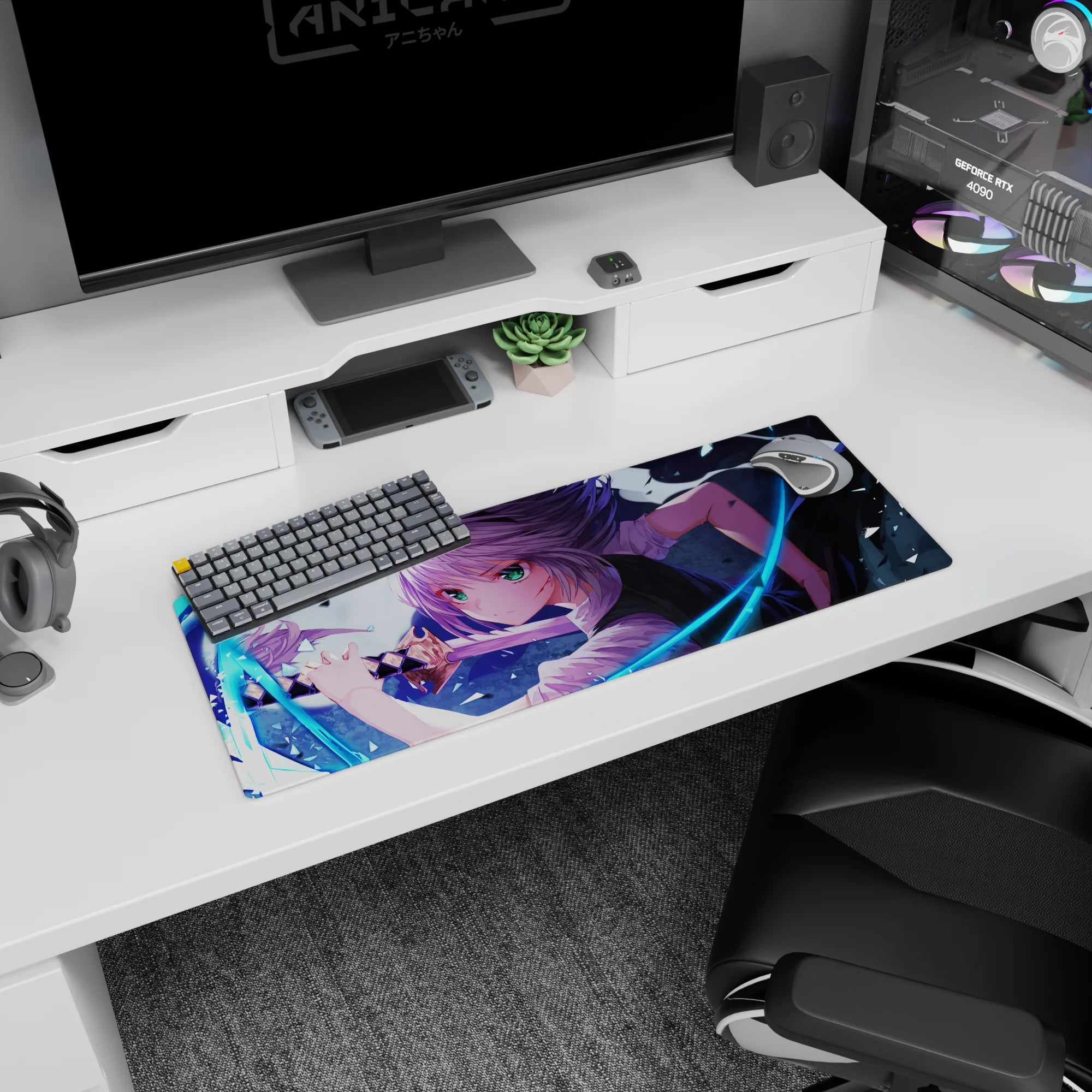 32x12 inches anime girl mouse pad showing green-eyed silver-haired warrior mid-swing, glass shards flying.