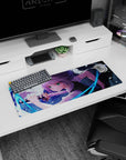 32x12 inches anime girl mouse pad showing green-eyed silver-haired warrior mid-swing, glass shards flying.