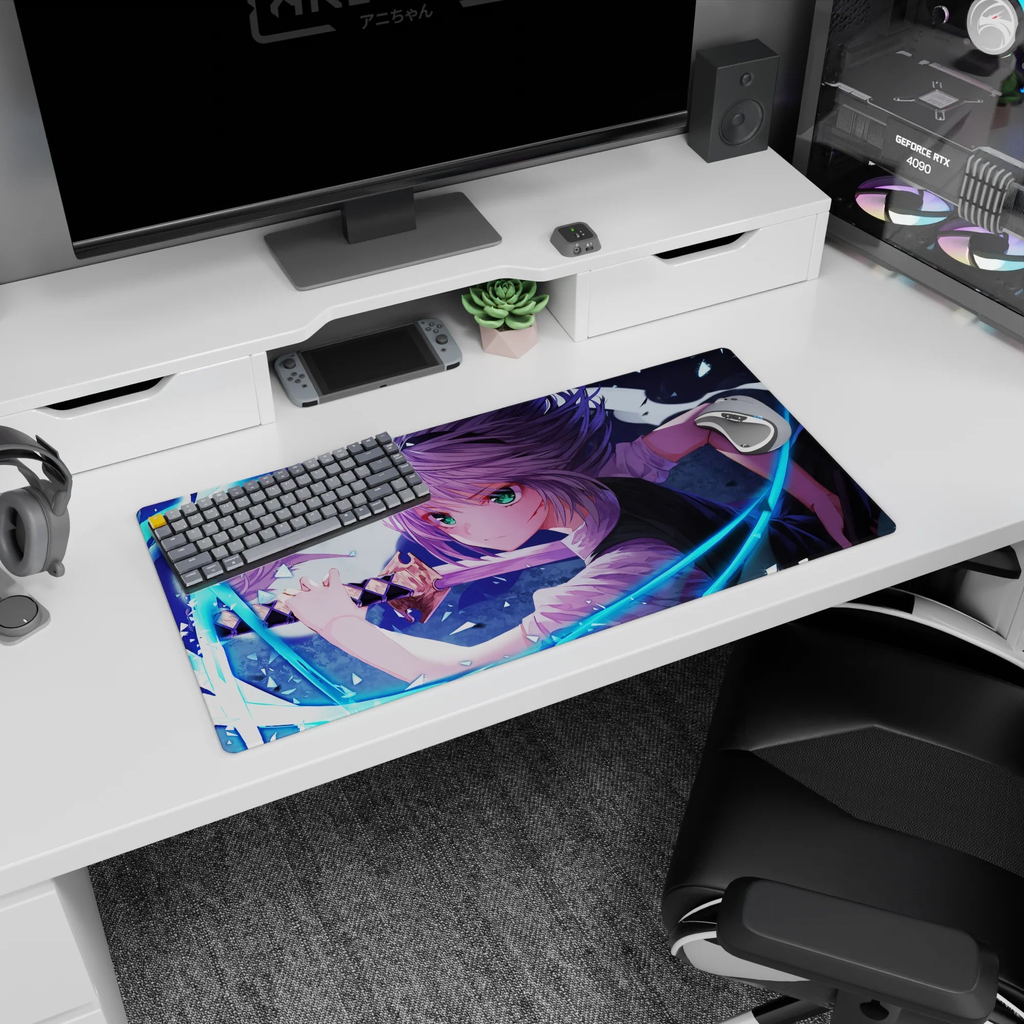 32x16 inches anime girl mouse pad showing a green-eyed silver-haired heroine drawing a blade mid-battle.