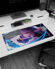 32x16 inches anime girl mouse pad showing a green-eyed silver-haired heroine drawing a blade mid-battle.