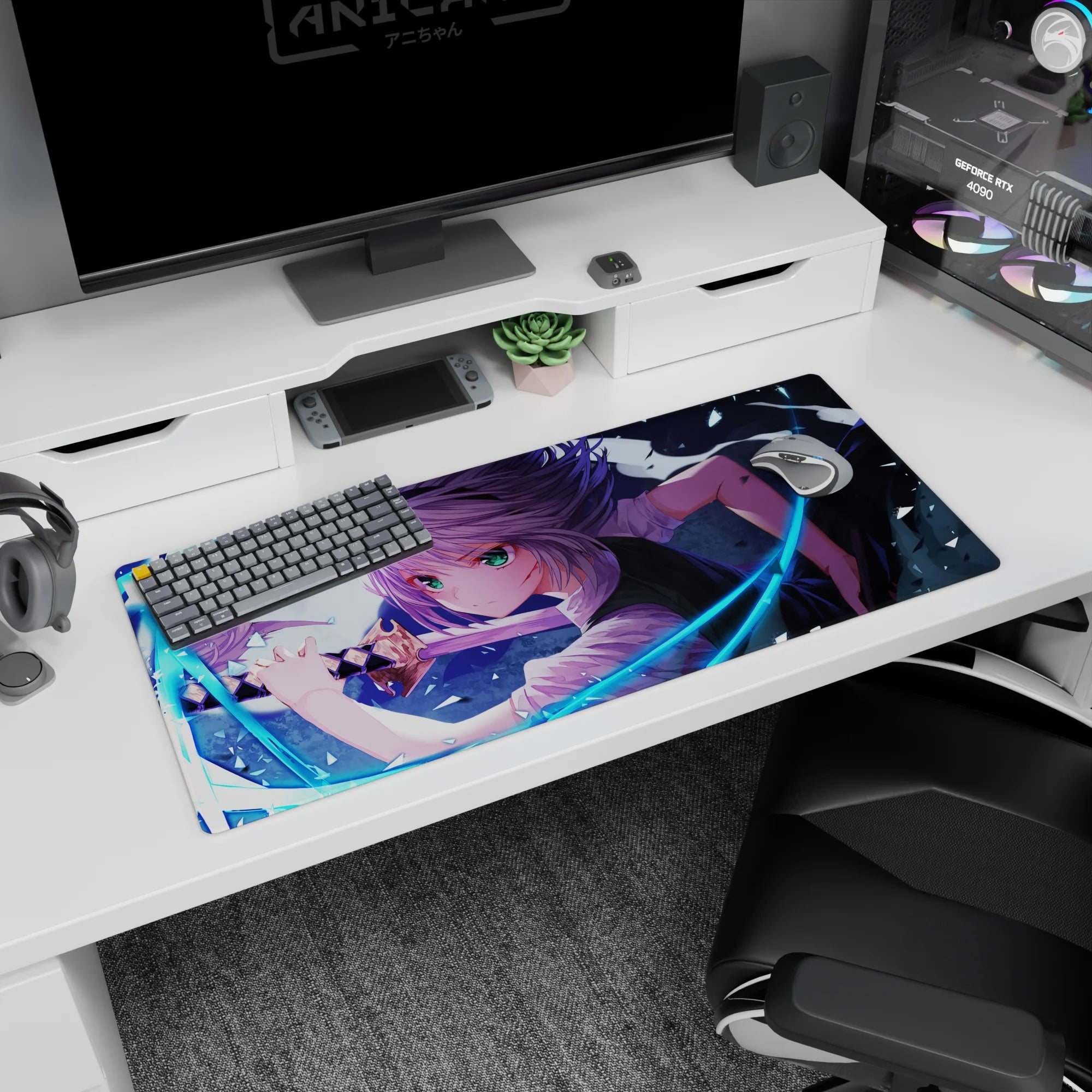 36x16 inches anime girl desk pad showing green-eyed swordswoman mid-strike, wrapped in neon blue energy.