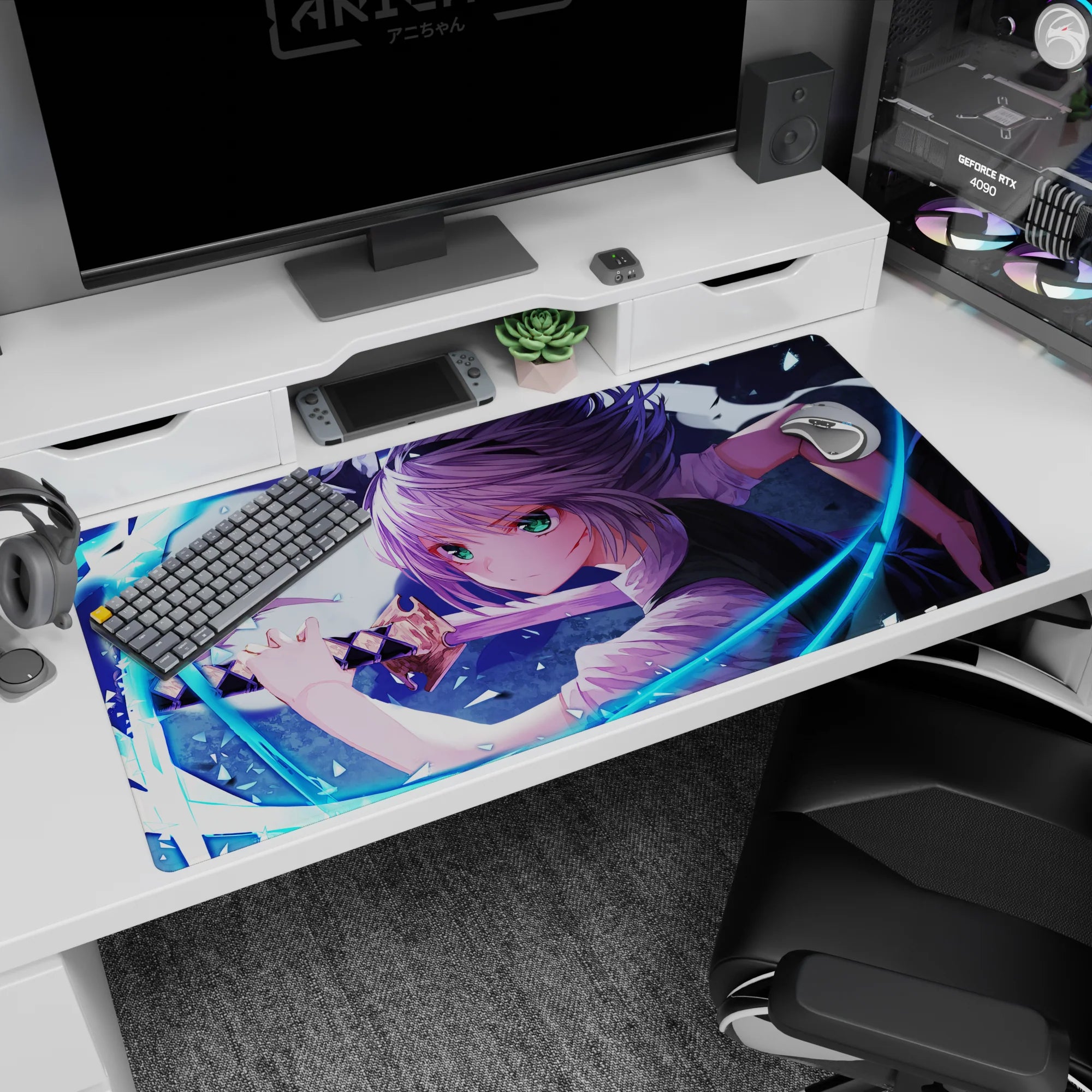 40x20 inches anime desk pad showing green-eyed silver-haired swordswoman amid flying glass shards.