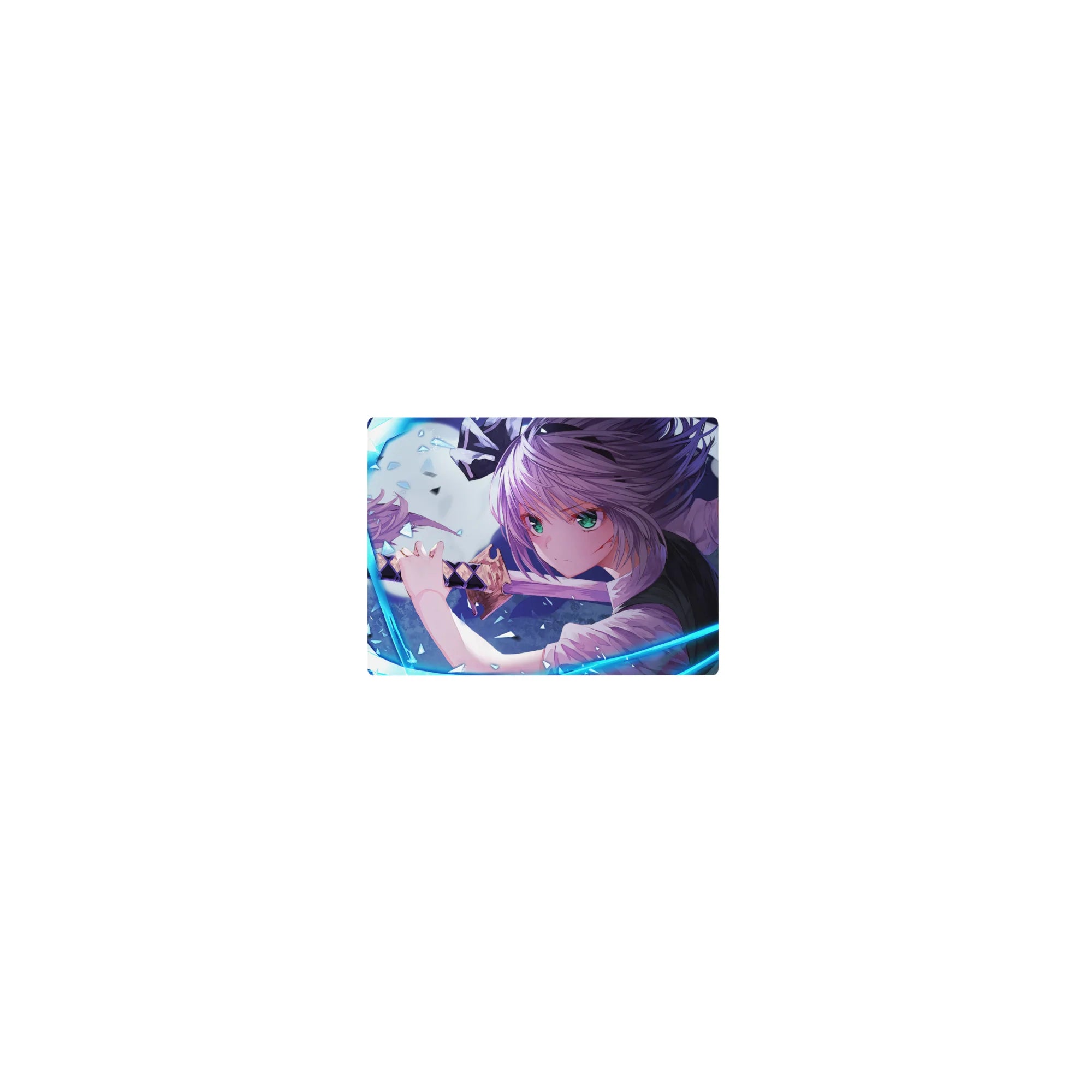 Classic anime girl mouse pad 14x10 inches with silver-haired swordswoman, neon blue arcs, glass shards.