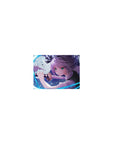 Classic anime girl mouse pad 14x10 inches with silver-haired swordswoman, neon blue arcs, glass shards.
