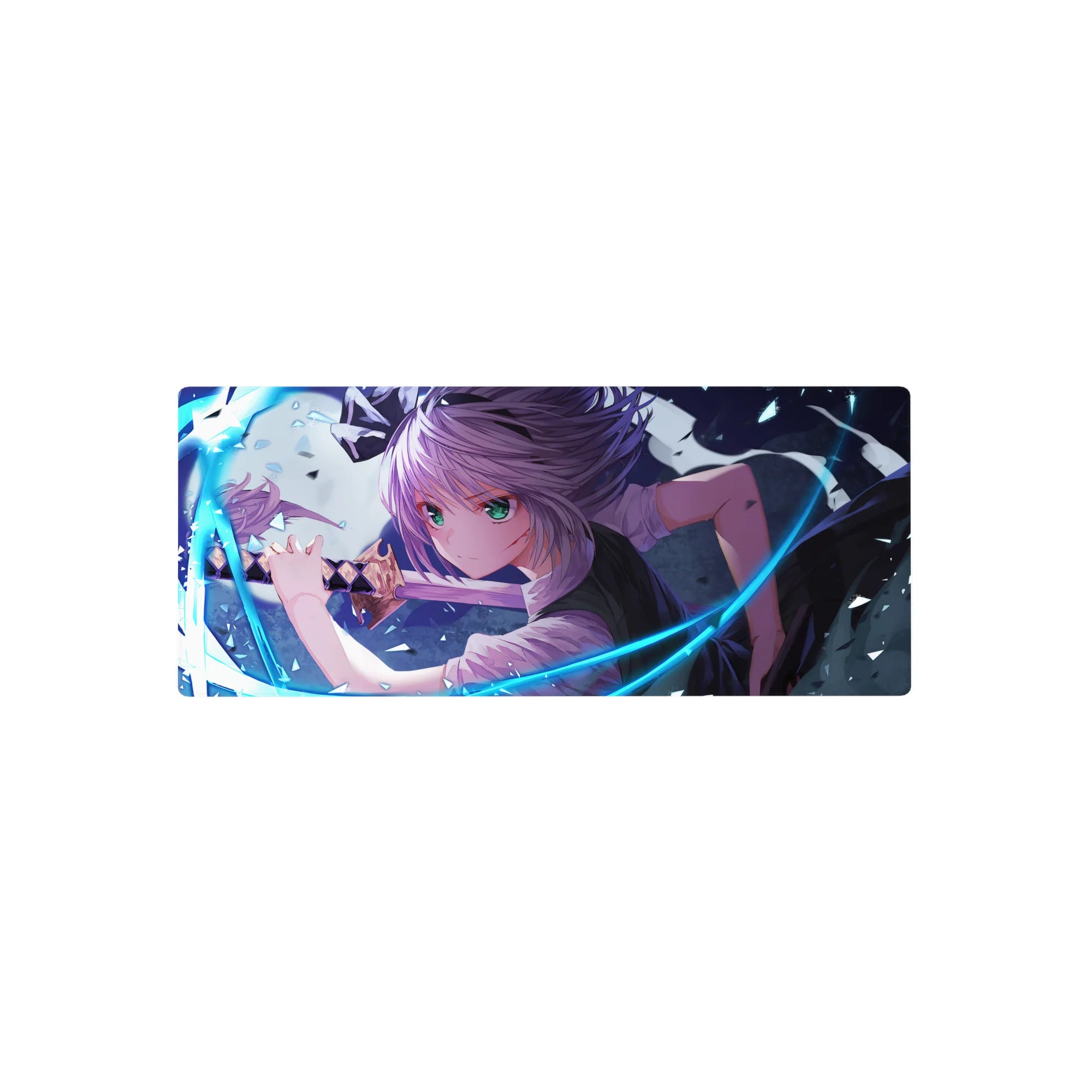 28x12 inches anime girl mouse pad with silver-haired swordswoman, neon blue arcs and flying glass shards.