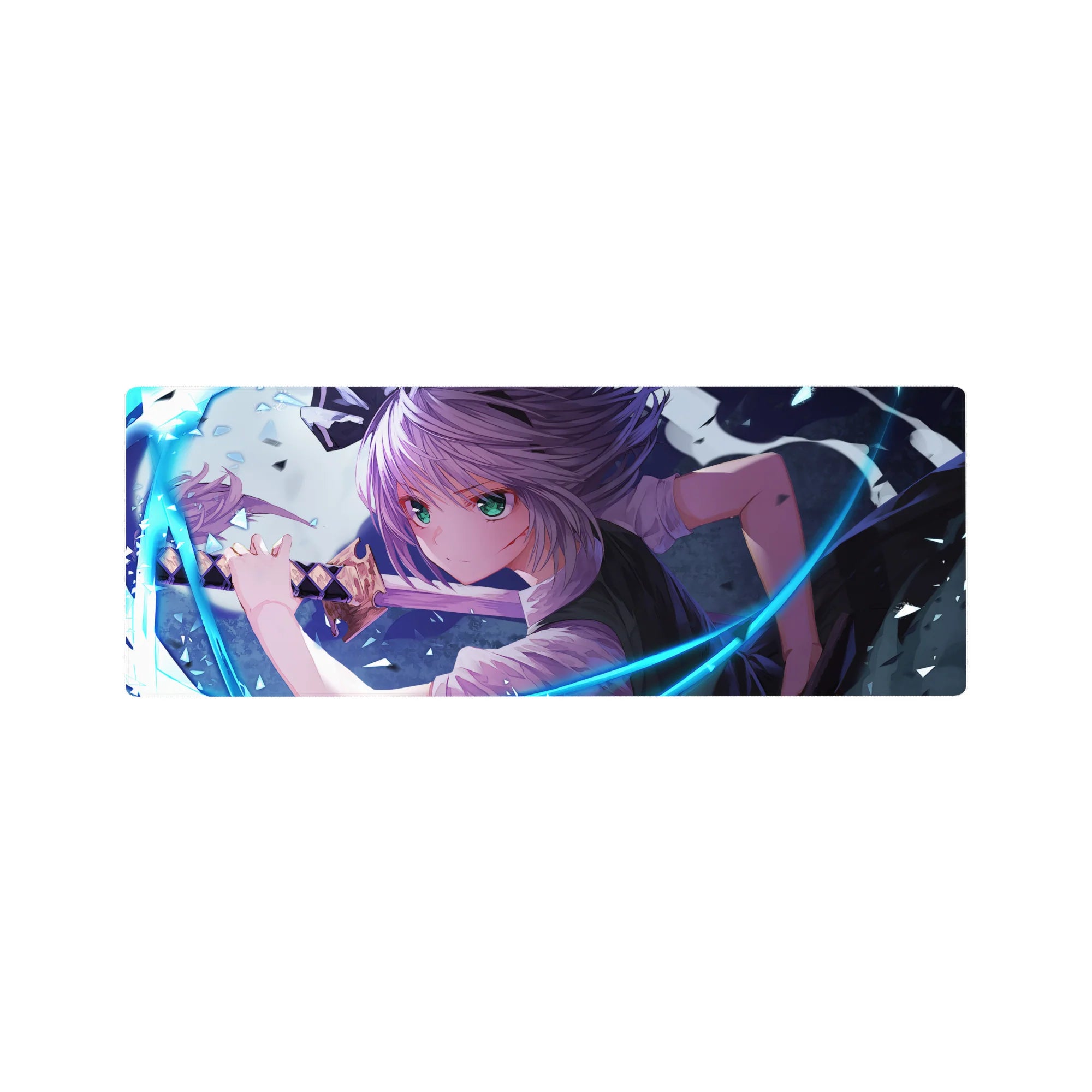 32x12 inches anime girl mouse pad with silver-haired heroine, green eyes, sword, neon arcs and shards.