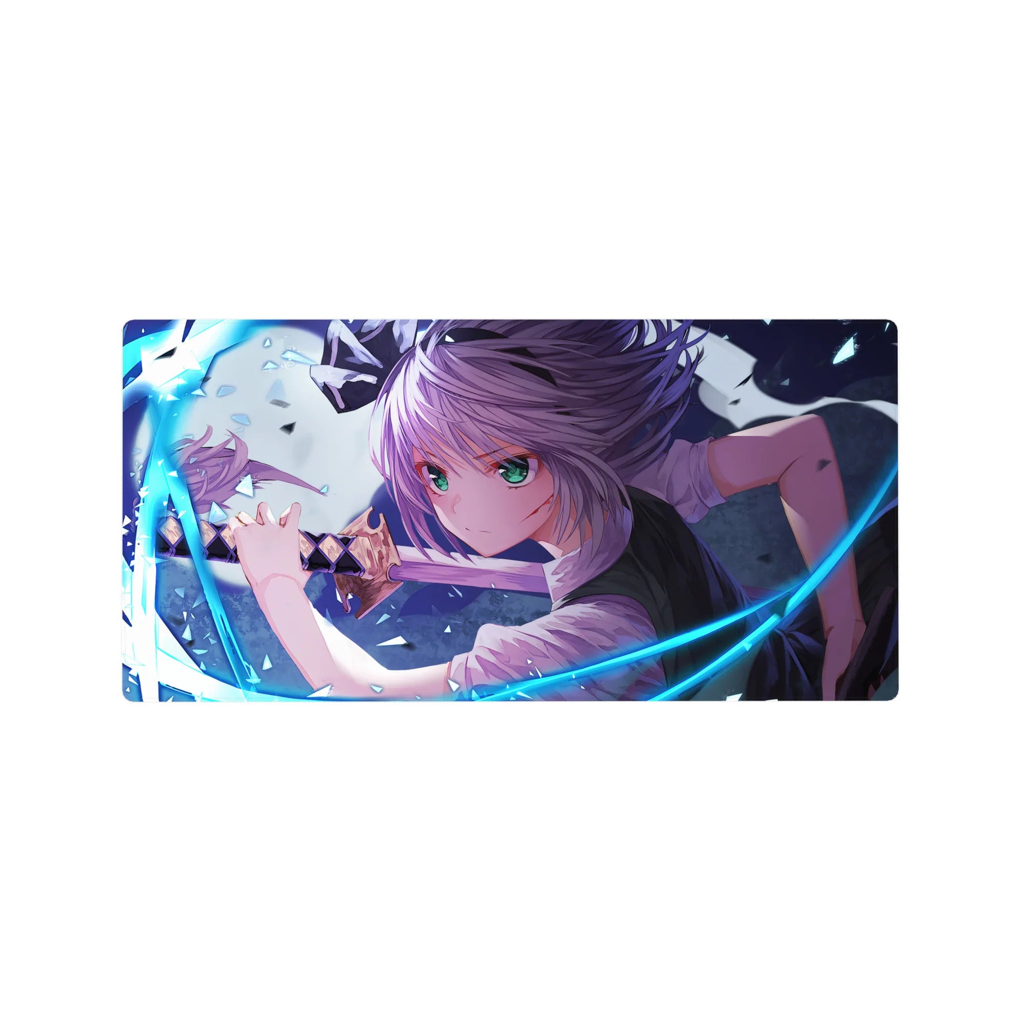 32x16 inches anime girl mouse pad with silver-haired swordswoman, neon blue energy arcs, and glass shards.