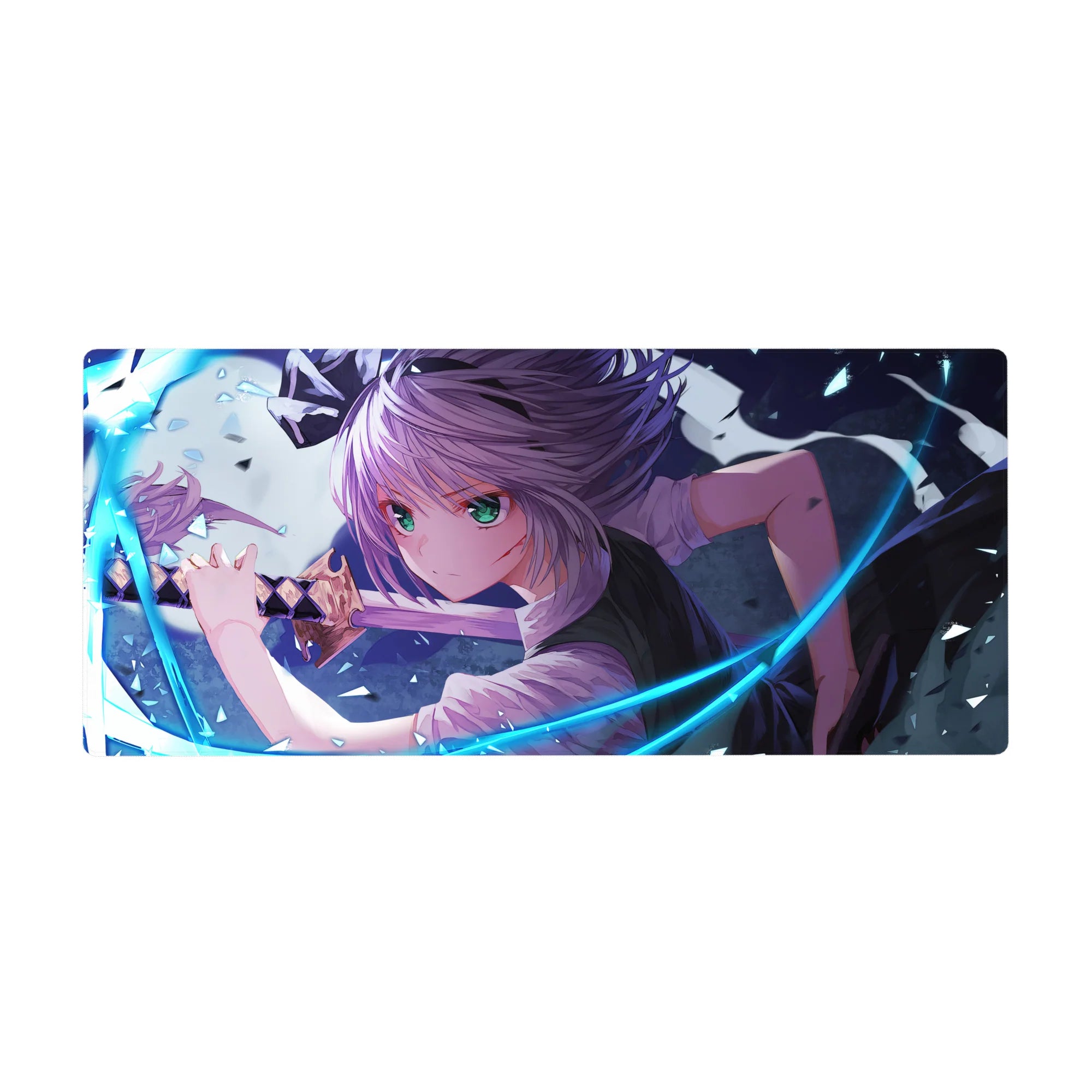 36x16 inches anime girl desk pad with silver-haired heroine, green eyes, sword, neon blue arcs and shards.