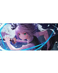36x16 inches anime girl desk pad with silver-haired heroine, green eyes, sword, neon blue arcs and shards.