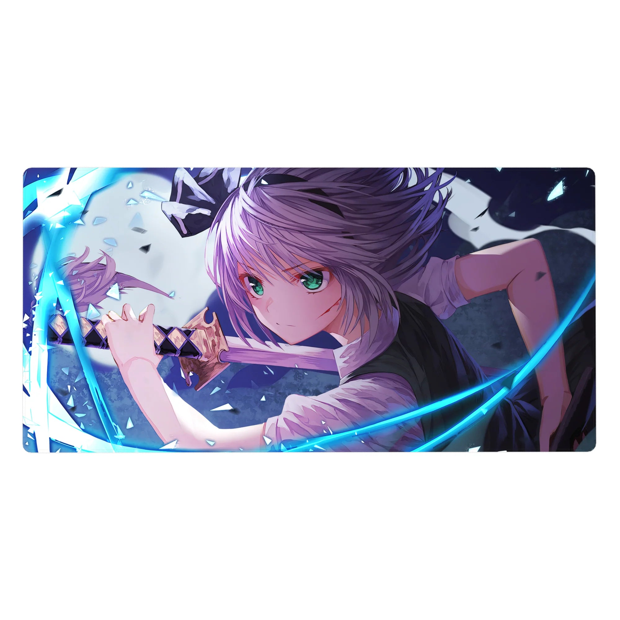 Anime girl desk pad 40x20 inches with silver-haired heroine, green eyes, blade and neon blue arcs.