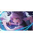 Anime girl desk pad 40x20 inches with silver-haired heroine, green eyes, blade and neon blue arcs.