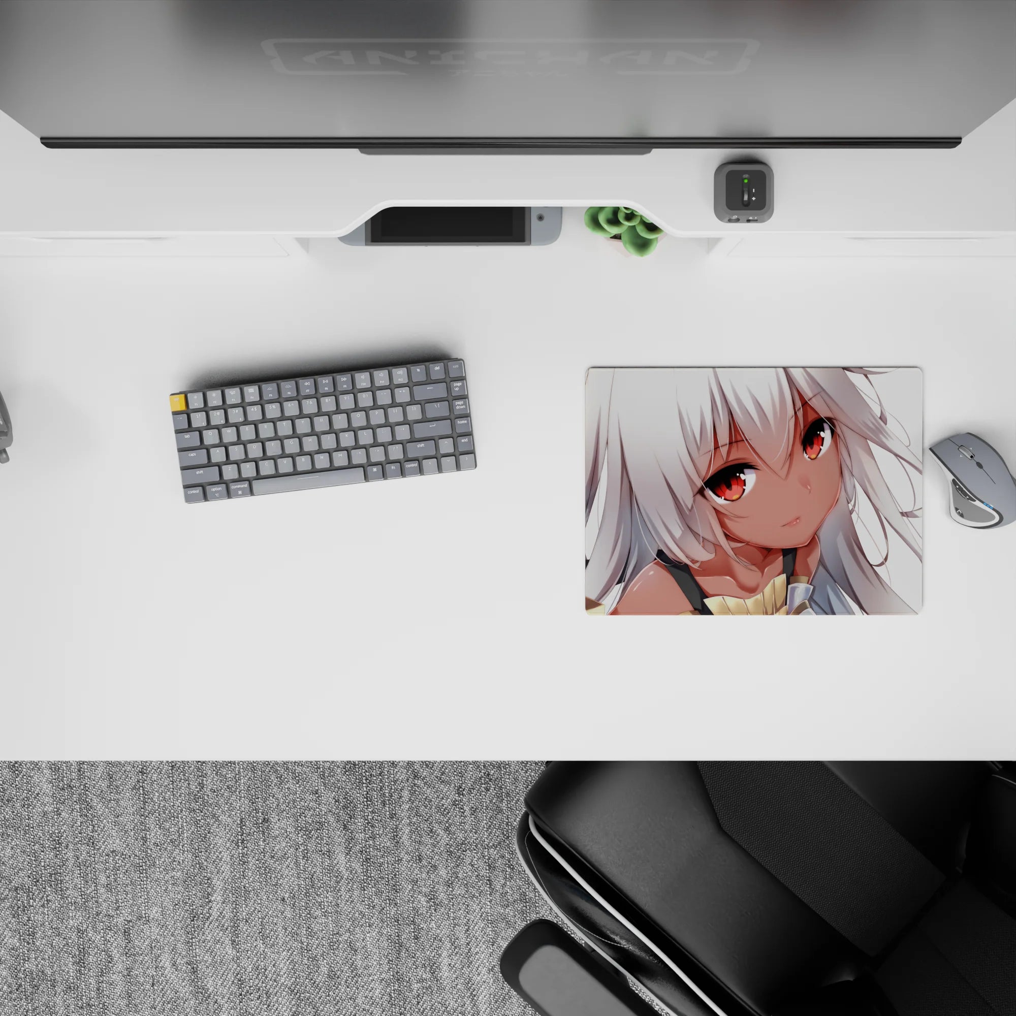 Cozy pastel anime girl mouse pad 14x10 inches in creamy whites, peach tones, with tiny gold-blue accents.
