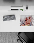 Cozy pastel anime girl mouse pad 14x10 inches in creamy whites, peach tones, with tiny gold-blue accents.