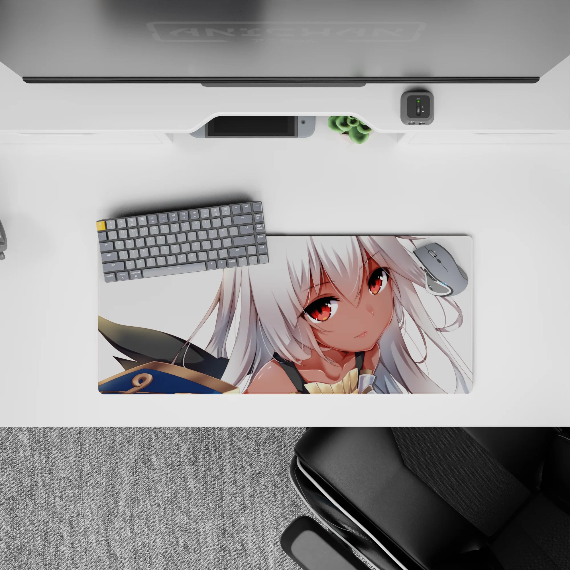 28x12 inches anime girl mouse pad in creamy whites and peach tones with gold-blue accents, cozy vibe.