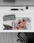 28x12 inches anime girl mouse pad in creamy whites and peach tones with gold-blue accents, cozy vibe.