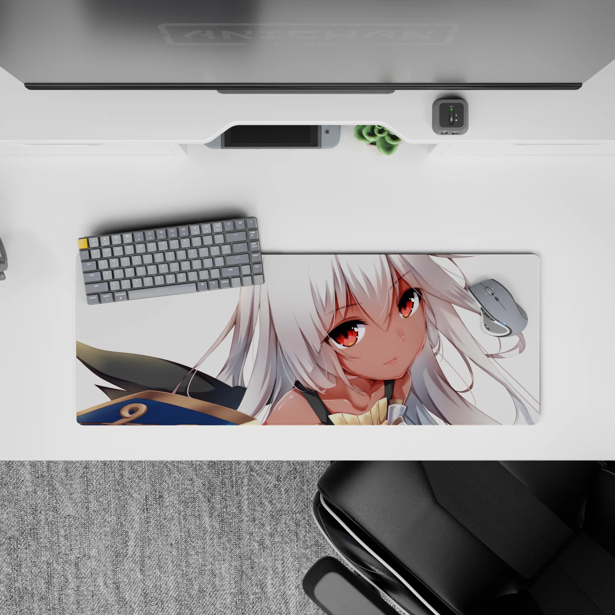 Cozy pastel anime girl mouse pad 32x12 inches in creamy whites, peach tones, and gold-blue accents.