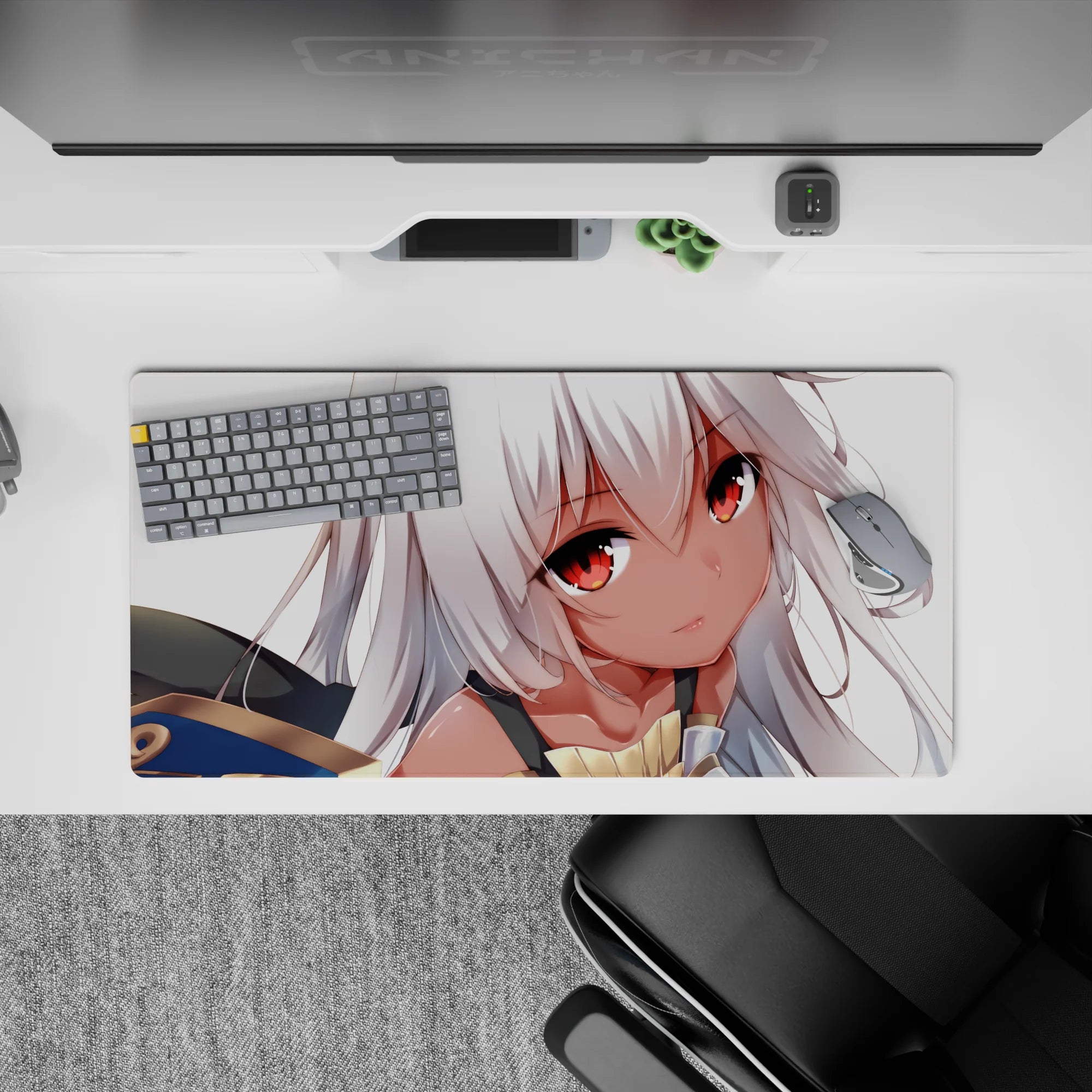 Cozy pastel anime girl mouse pad 32x16 inches in creamy whites, peach tones, with gold-blue accents.