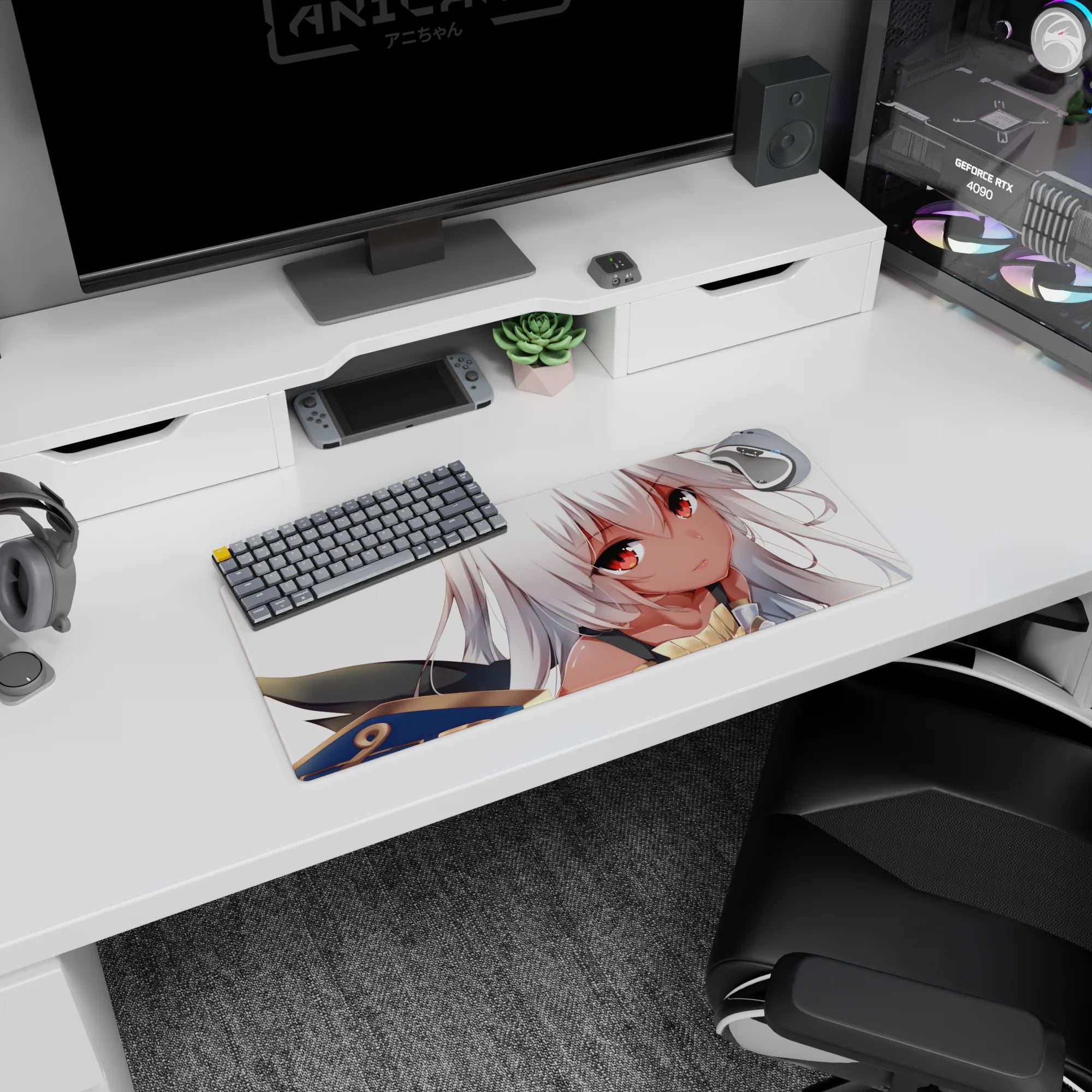 28x12 inches anime girl mouse pad showing a soft silver-haired girl with warm ember eyes and fantasy armor detail.