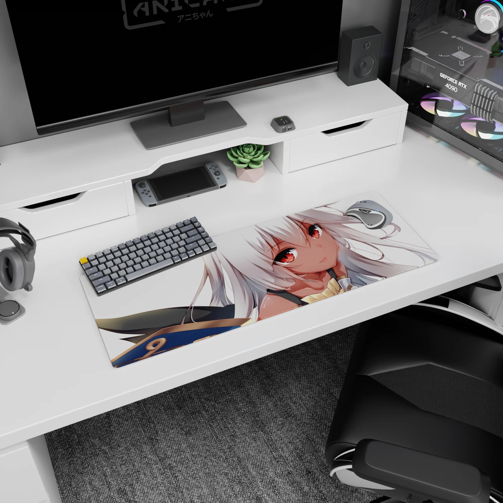 Silver-haired anime girl with ember eyes desk mat mouse pad 32x12 inches, cute fantasy vibe.