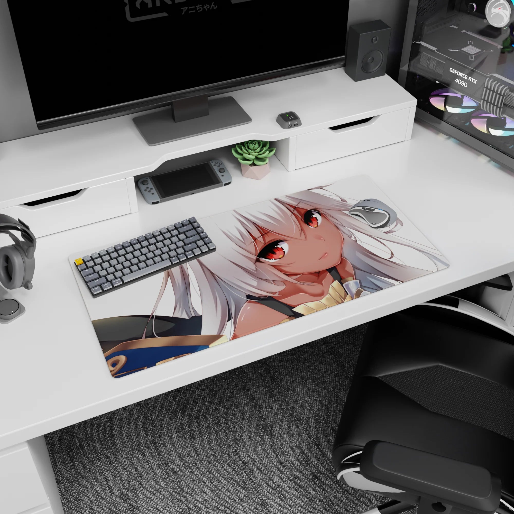 Close-up silver-haired anime girl with warm ember eyes and tiny armored shoulder on 32x16 inches mouse pad.