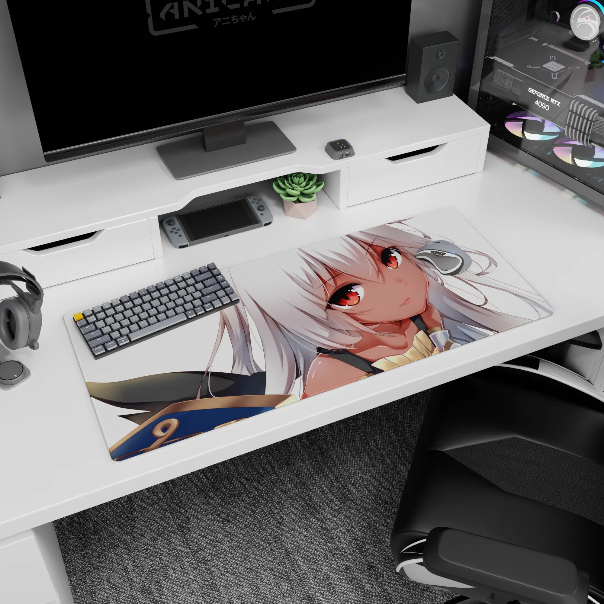 Anime girl with flowing silver hair and glowing ember eyes on a 36x16 inches desk pad, comfort-cute scene.
