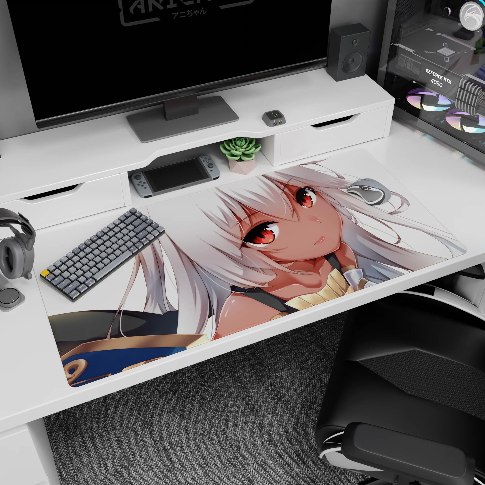 Close-up anime girl scene desk pad 40x20 inches featuring soft silver hair and warm glowing ember eyes.
