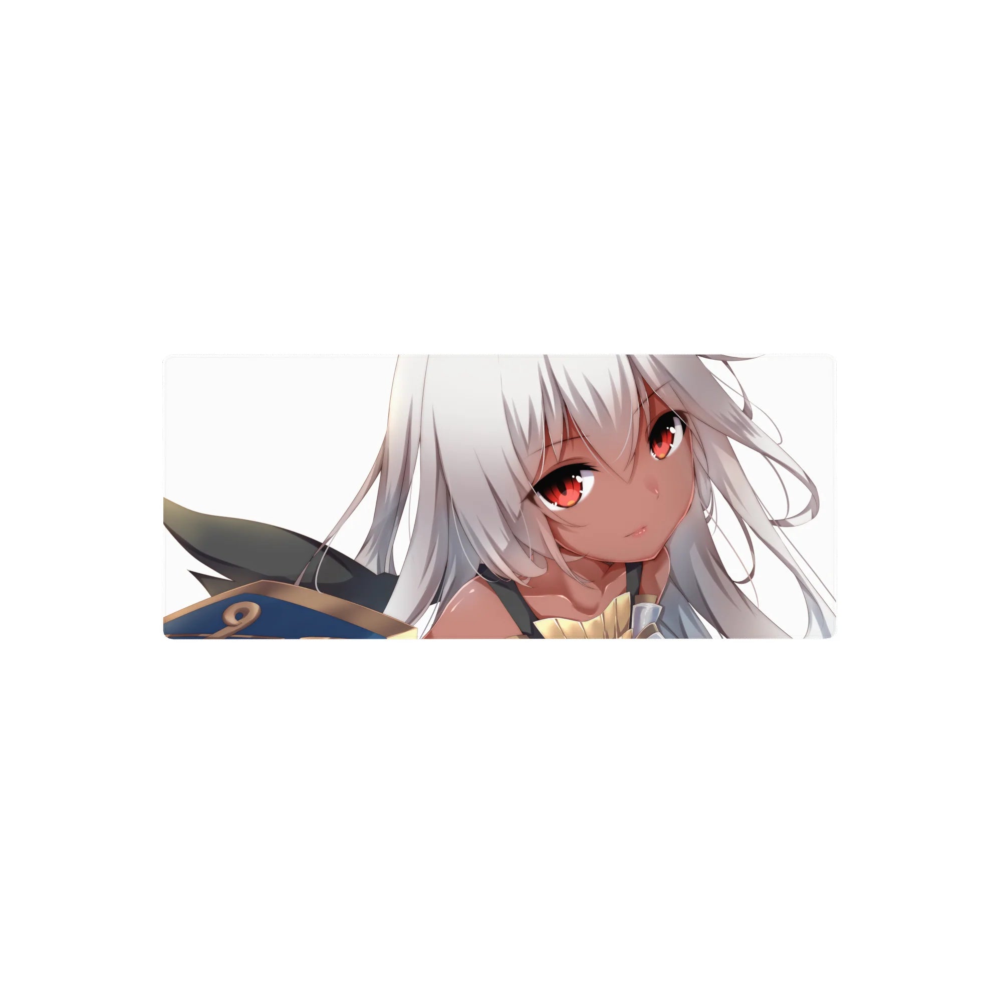 28x12 inches anime girl mouse pad with silver-haired character, ember eyes, and a cute armored shoulder.