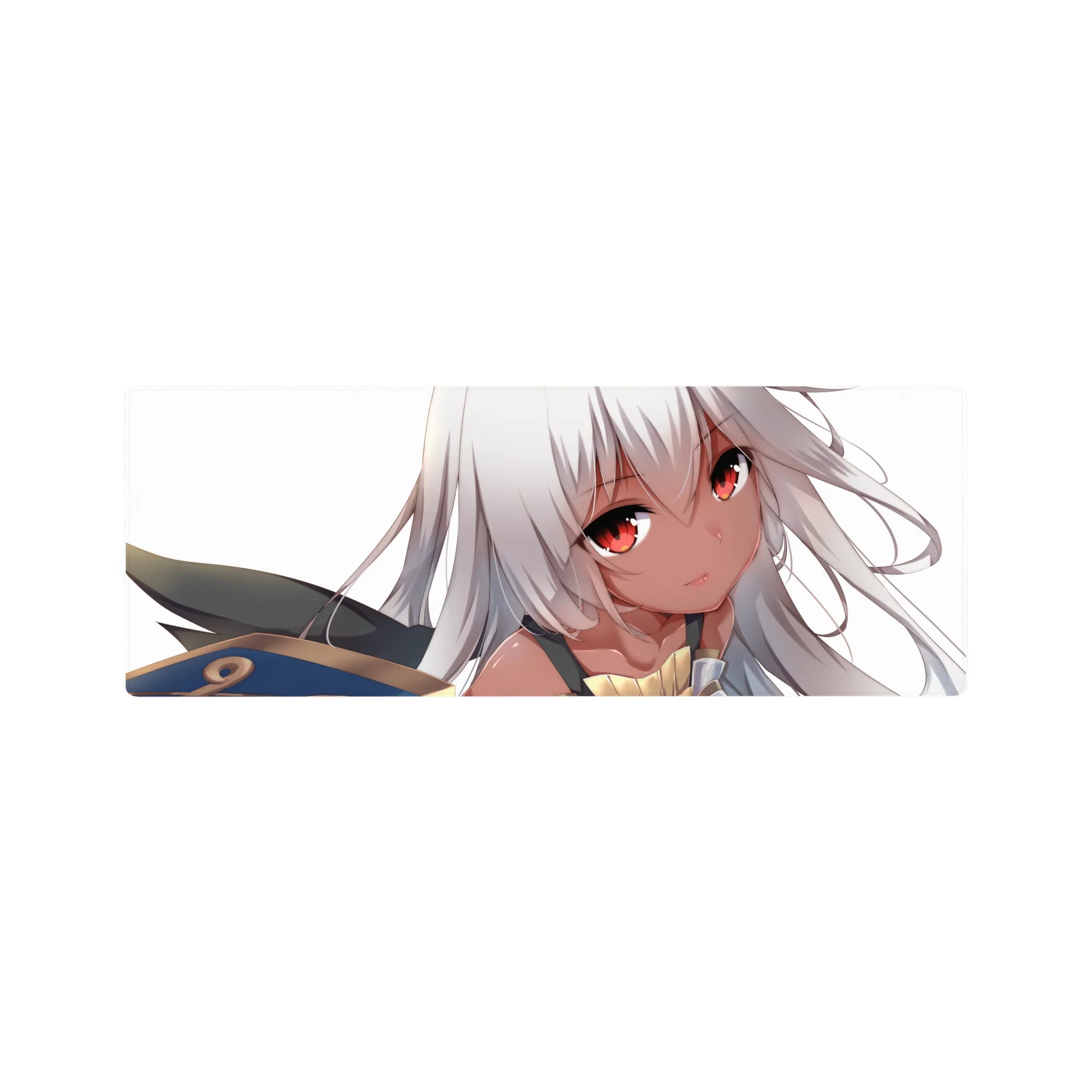 Anime girl mouse pad 32x12 inches with silver-haired fantasy character and armored shoulder detail.